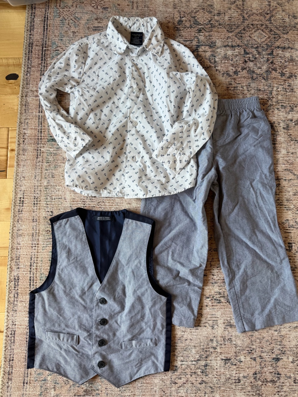 Nautica White Printed Button-Up, Blue Vest & Pants Set